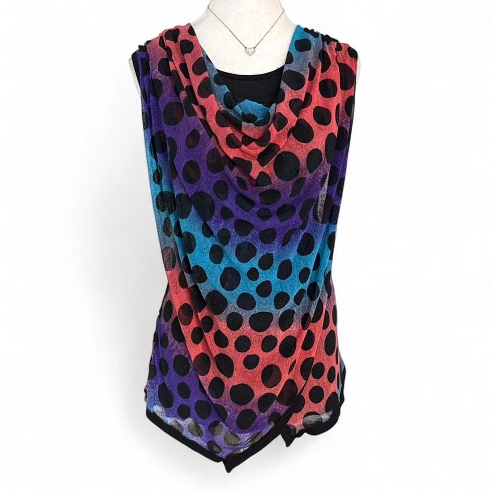 Polka Dot Multi Color Cowl Neck Early 2000s Draping Layered Top Women size large